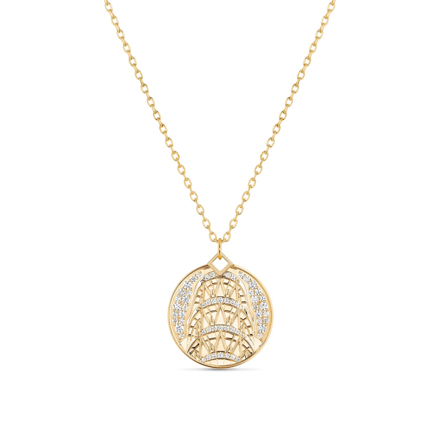White Diamond Chrysler Building Medallion Necklace in Yellow Gold