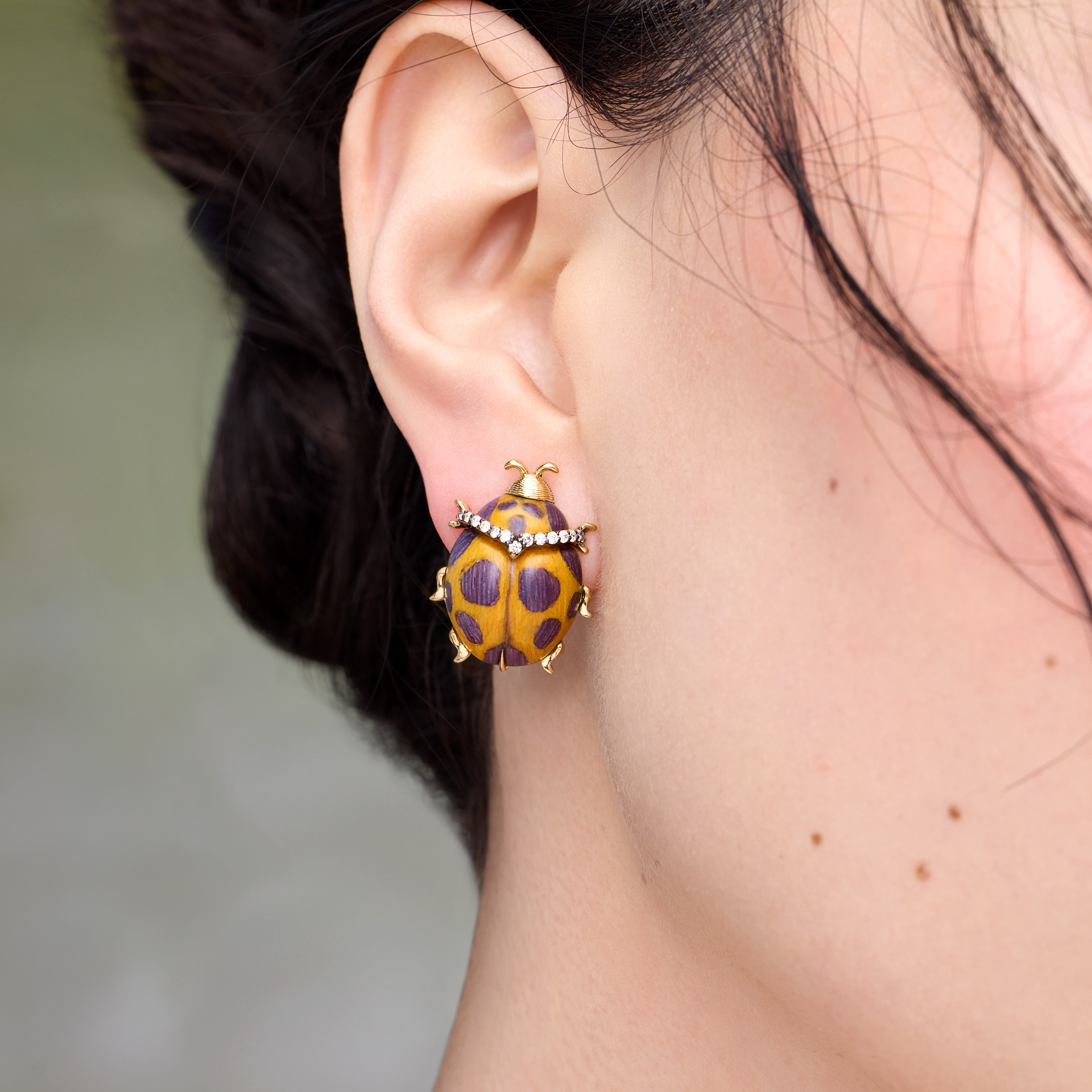 Small Marquetry beetle earrings with purple and yellow in yellow gold