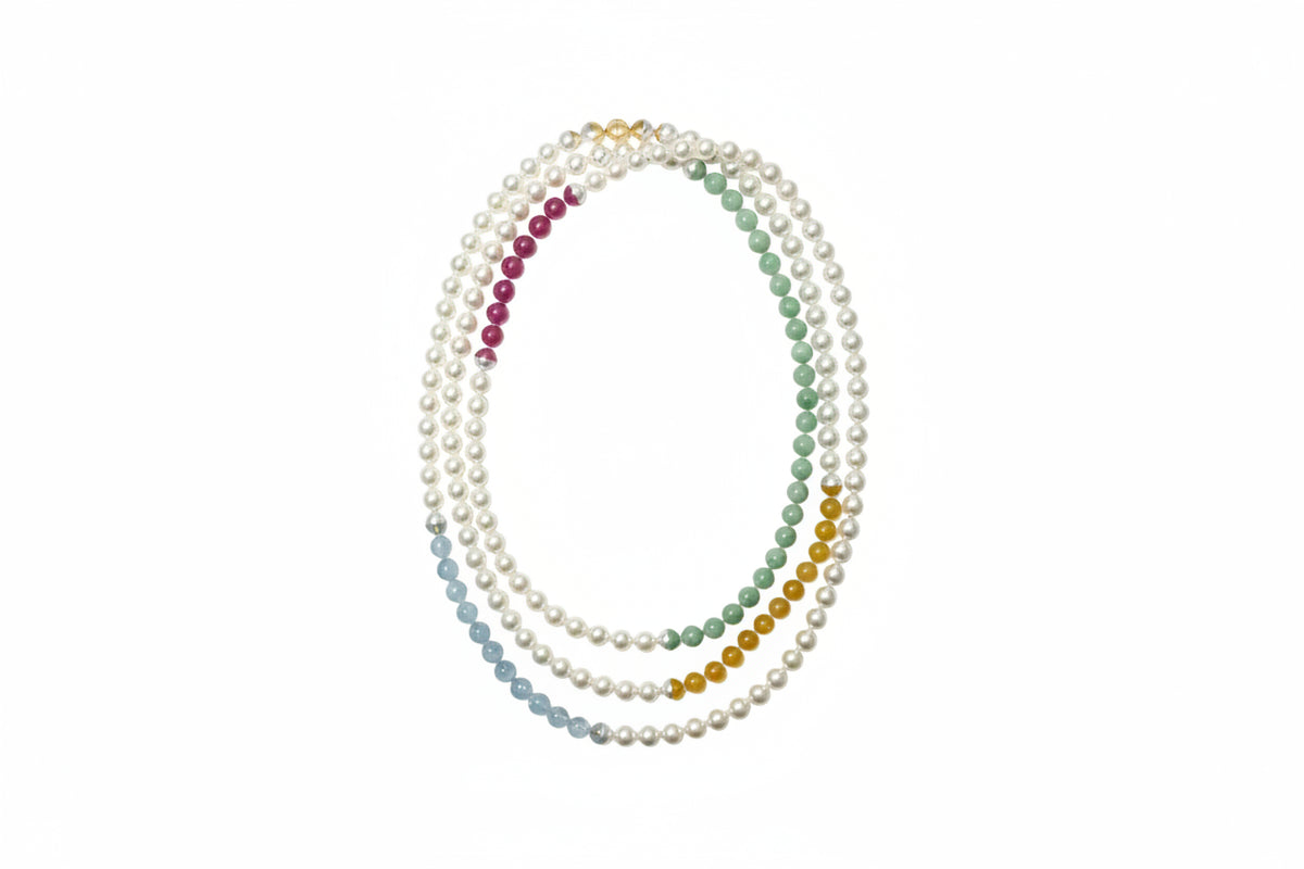 Akoya Pearl and Yellow Sapphire, Jade, Pink Sapphire, and Aquamarine Sectional Necklace with Yellow Gold