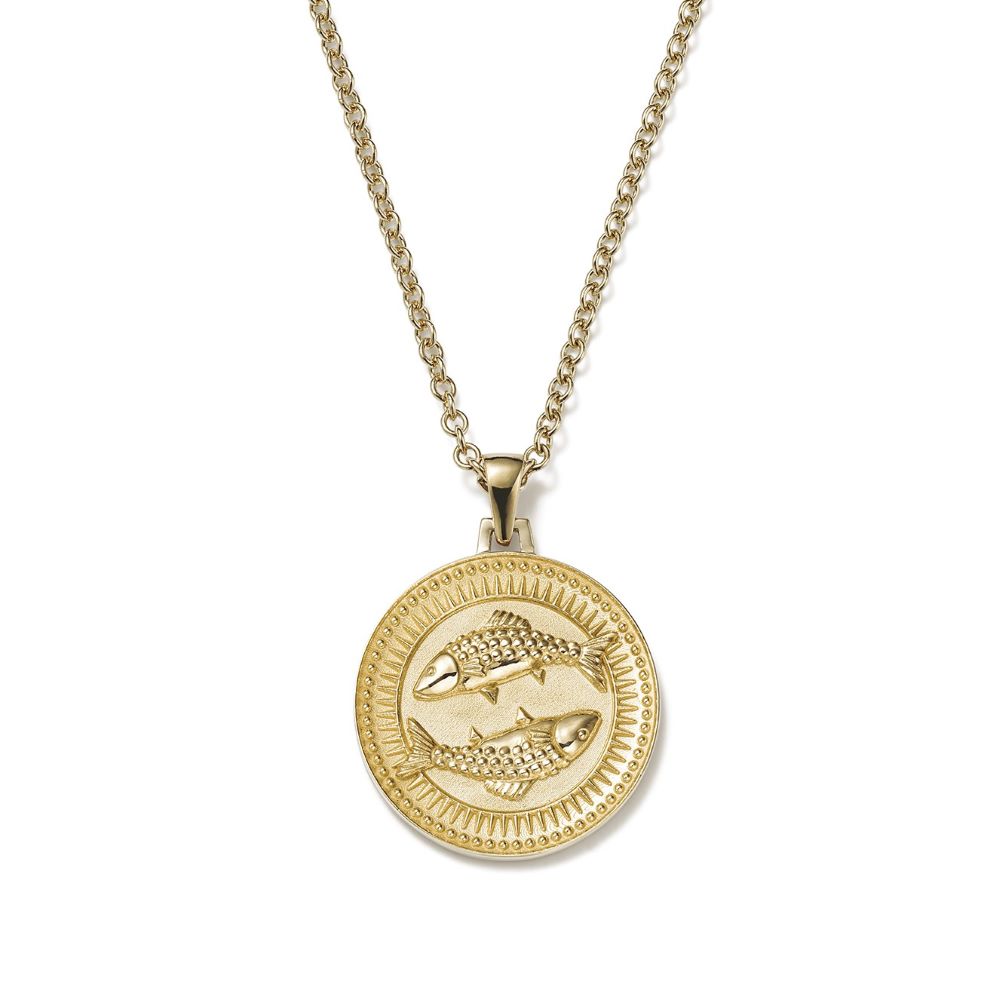 A Futura Pisces Necklace with a gold coin medallion.