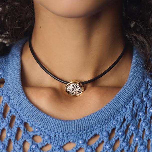 Pave Desert Diamond Scuba Choker in Black Leather and Yellow Gold