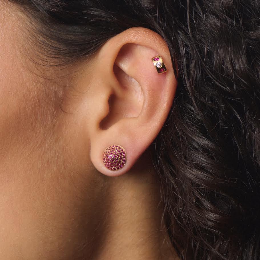 Cone Shapped Pave Ruby Matte Gold Stud Earrings