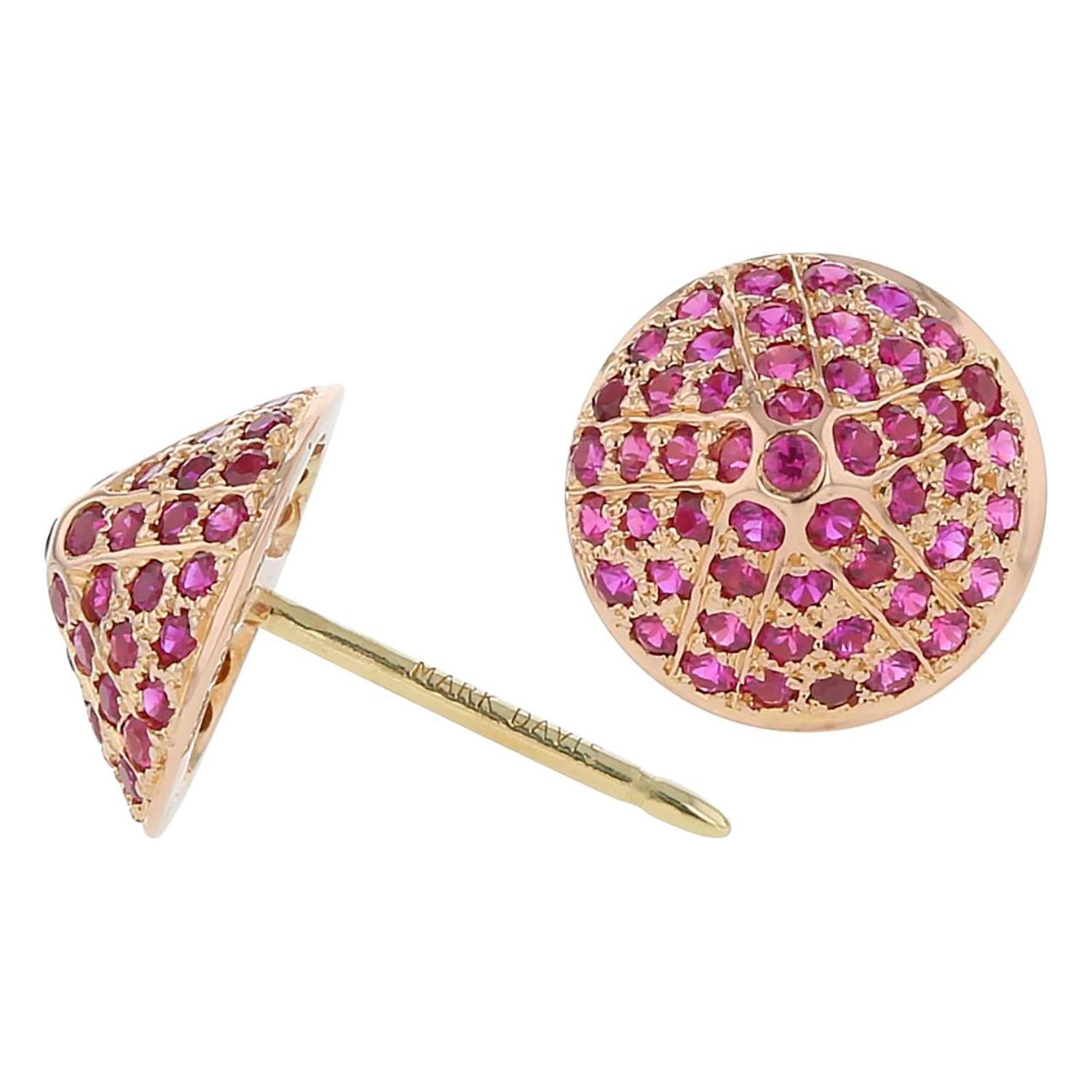 Cone Shapped Pave Ruby Matte Gold Stud Earrings