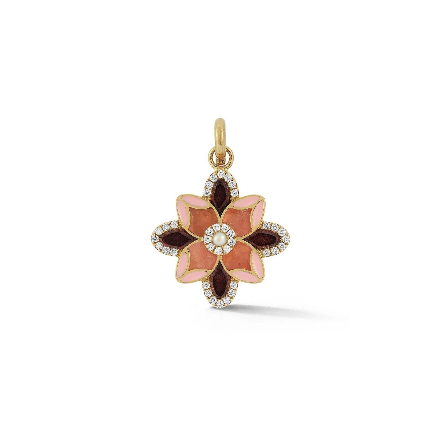 Rubellite and Rhodochrosite Violet Flower Charm in Yellow Gold