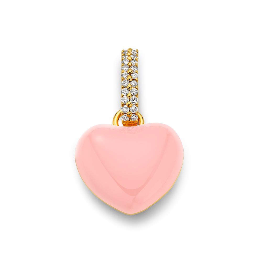A Puffy Heart Pendant by Buddha Mama, with diamonds on a yellow gold chain, featuring an enamel pendant and diamond bail.