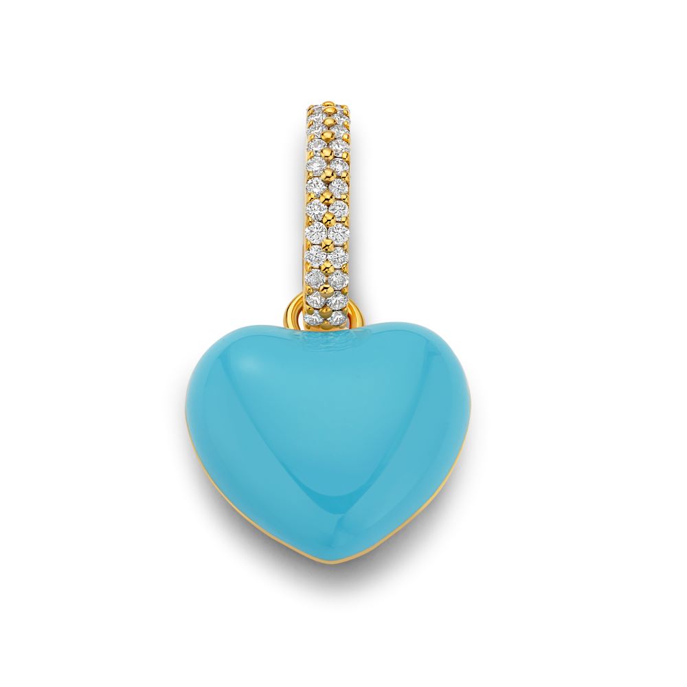A sky blue Puffy Heart Pendant with a turquoise heart shape, adorned with diamonds, set in yellow gold by Buddha Mama.
