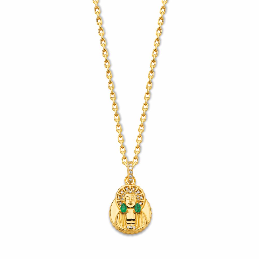 A Buddha Emerald Coin Necklace from Buddha Mama with a bee on it.