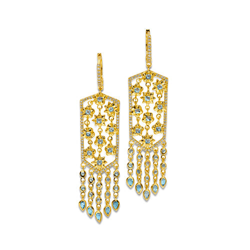 Aquamarine and Diamond Filigree Mesh Earrings in Yellow Gold