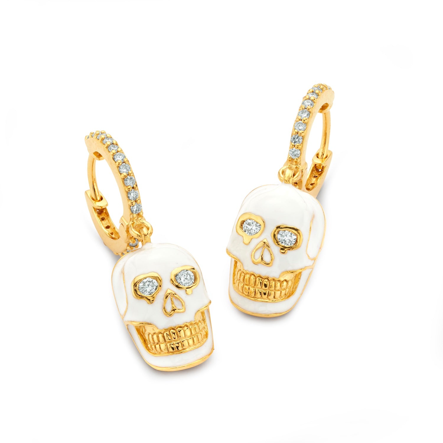 White Enamel & Diamond Skull Huggies