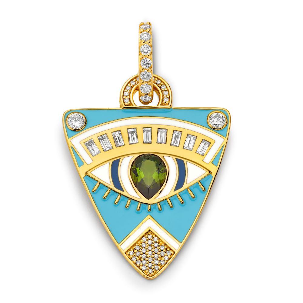 An Egyptian Guitar Pick Pendant with turquoise and peridot, featuring diamond accents by Buddha Mama.