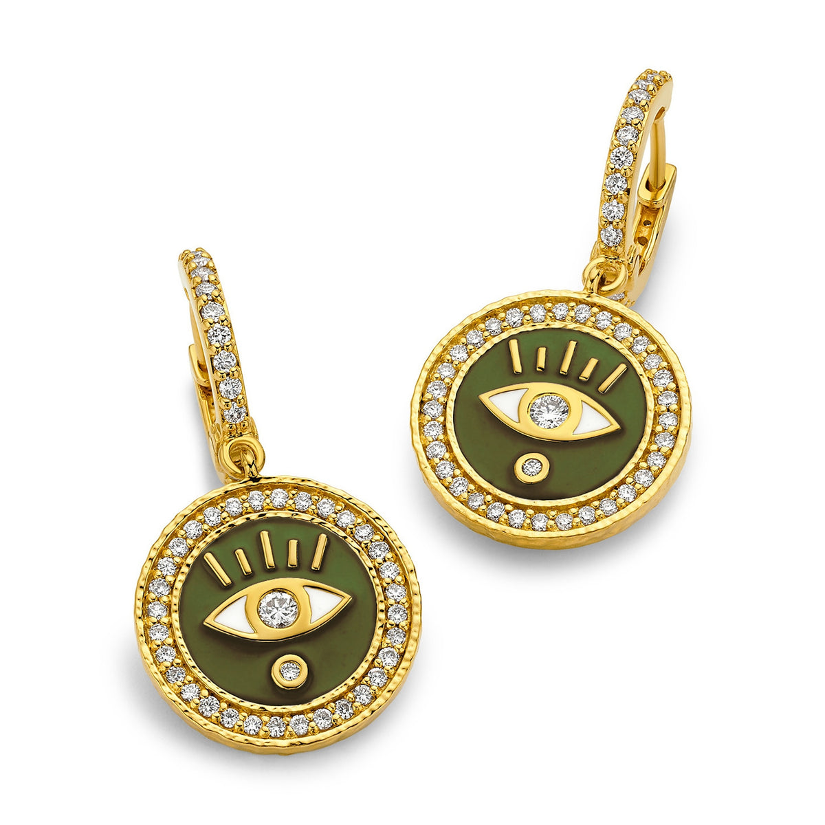 Army Green Enamel & Diamond Evil Eye Huggies
