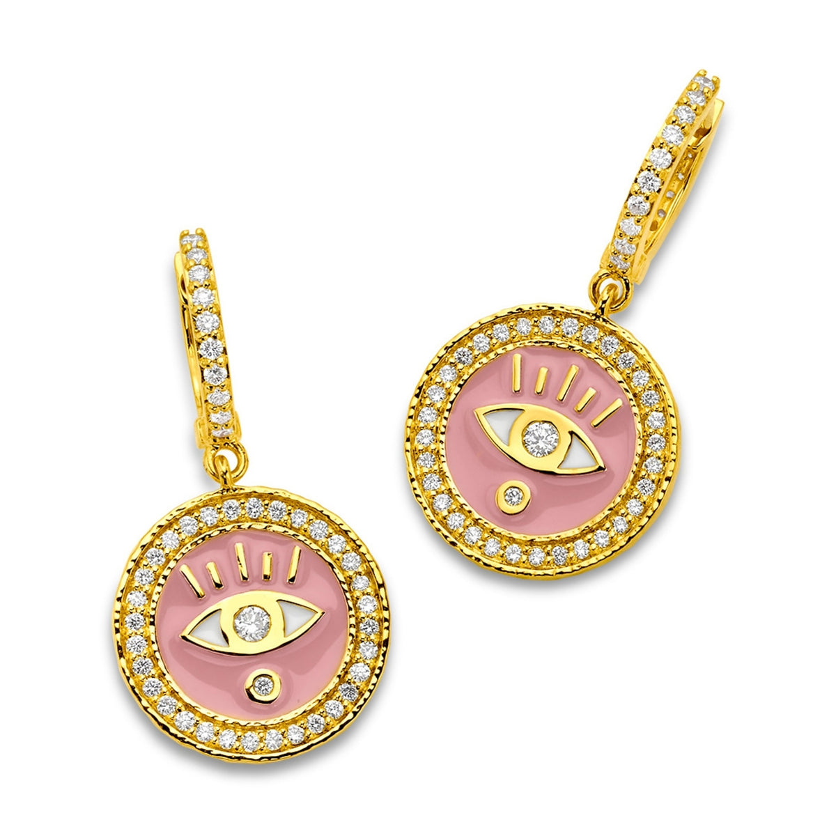 Bubblegum Enamel & Diamond Evil Eye Huggies