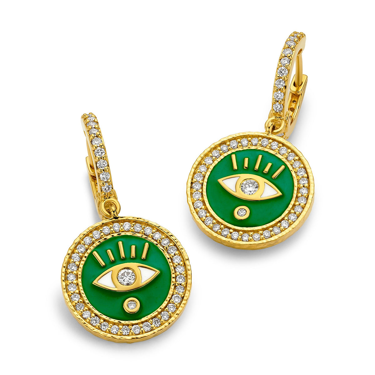 Kelly Green Enamel & Diamond Evil Eye Huggies
