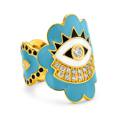 Evil Eye Scalloped Wrap Ring in Yellow Gold