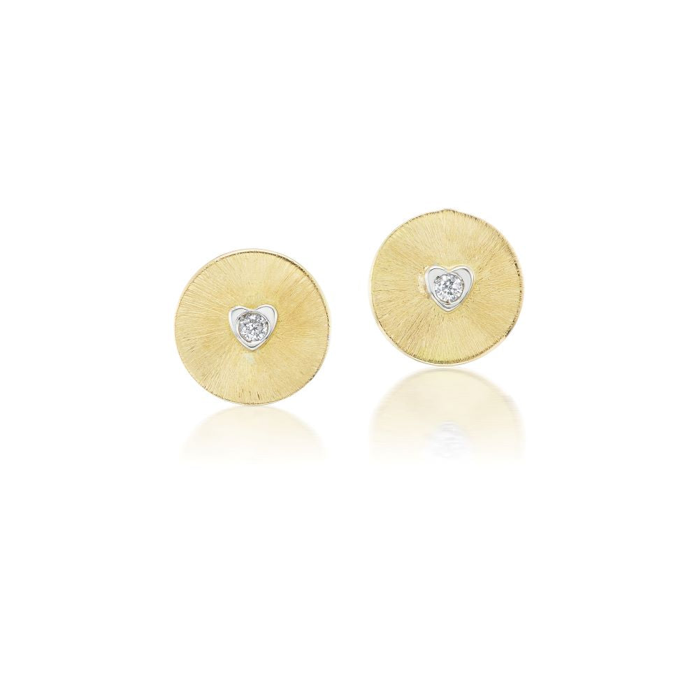 A pair of Anna Maccieri Rossi Mini Ora Gold Button Heart Earrings with diamonds.
