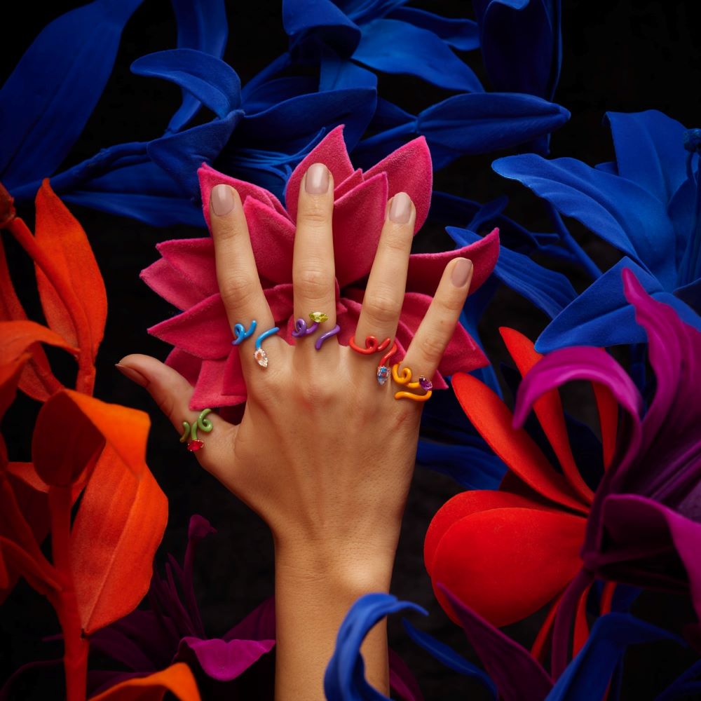 Rock Crystal and Baby Blue Tendril Vine Ring