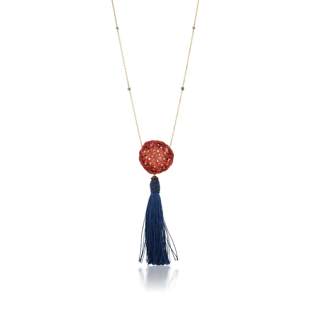 Red & Navy Woven Bamboo Tassel Necklace