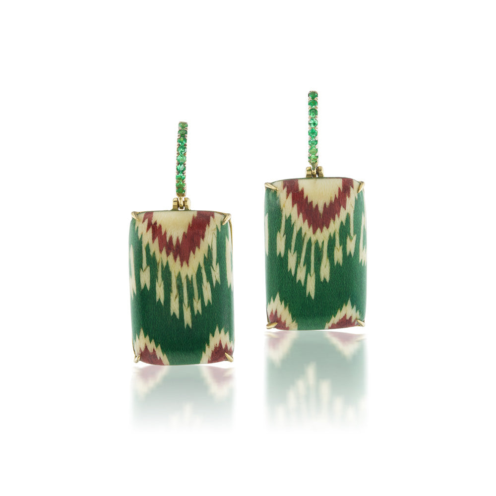 Green Rectangular Marquetry Earrings