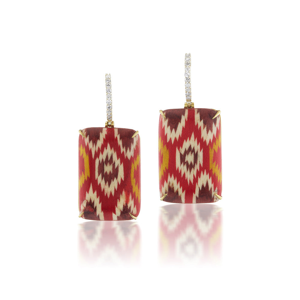 Red Rectangular Marquetry Earrings