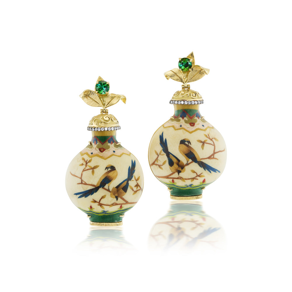 Birds in a Tree Marquetry Bottle Earrings