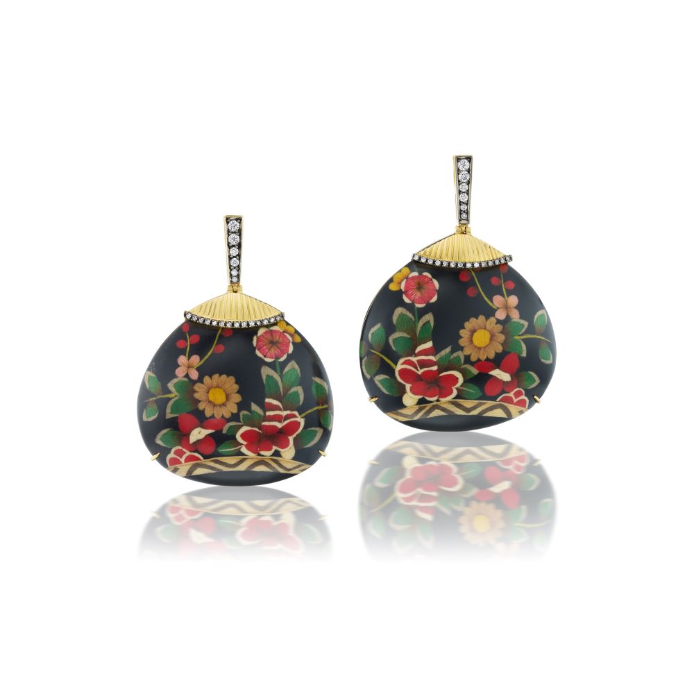 Black Floral Marquetry Drop Earrings