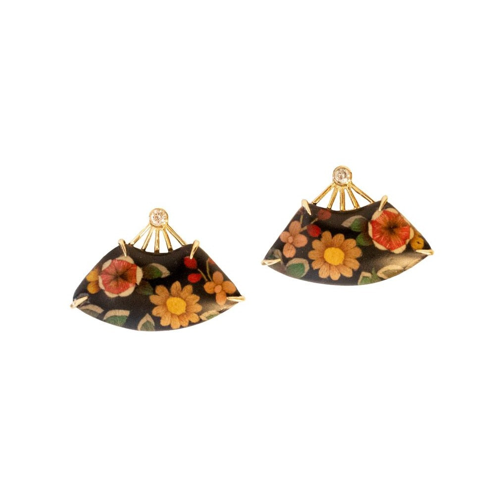 A pair of Silvia Furmanovich Marquetry Fan Earrings with wood marquetry flowers on them.