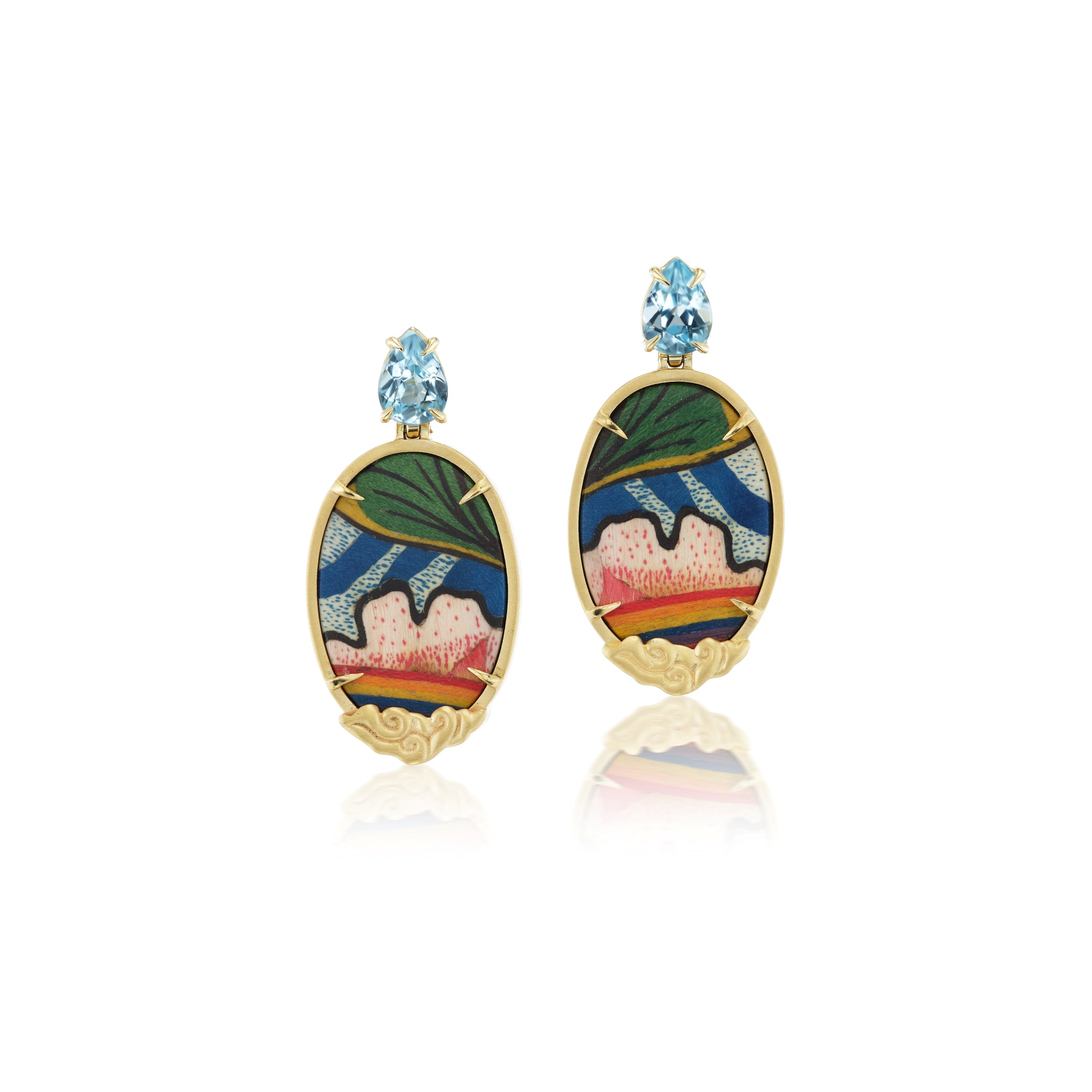 Marquetry earrings with oval format, Tibetan rainbow print, diamond and topa