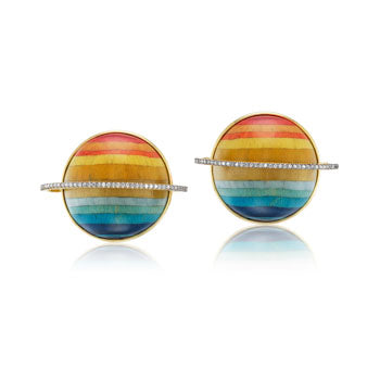 Rainbow Saturn Planet Earrings in Yellow Gold