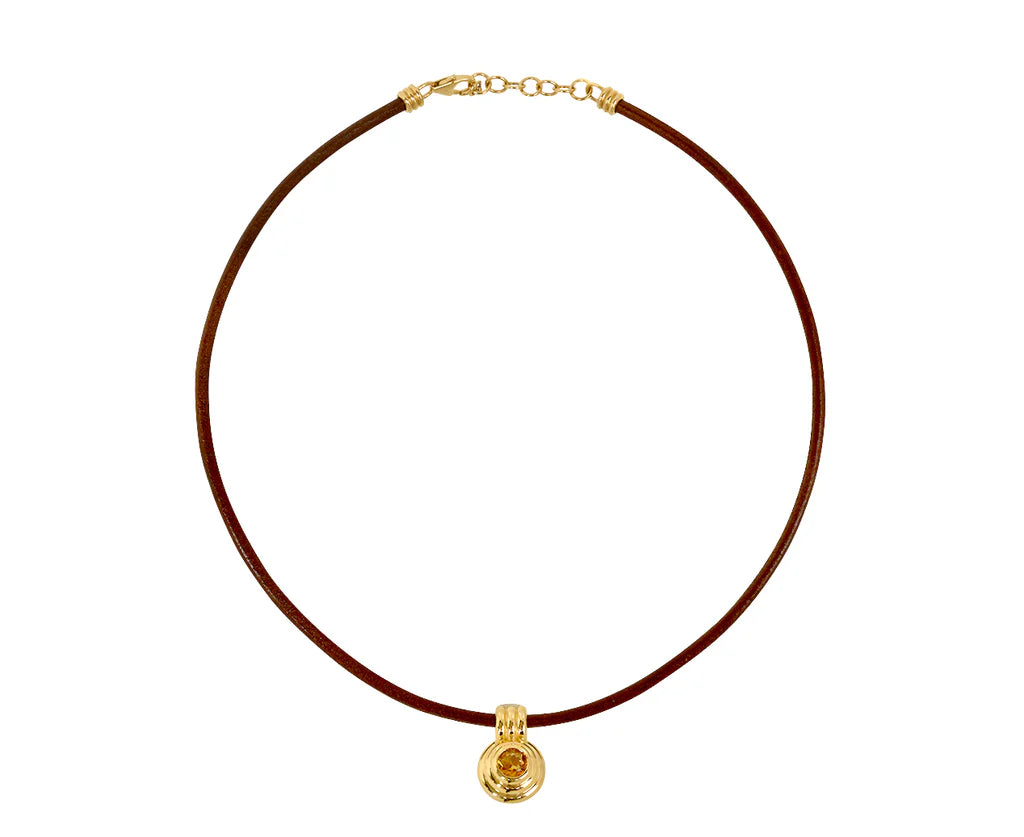 Citrine Ripple Choker in Brown Leather and Yellow Gold