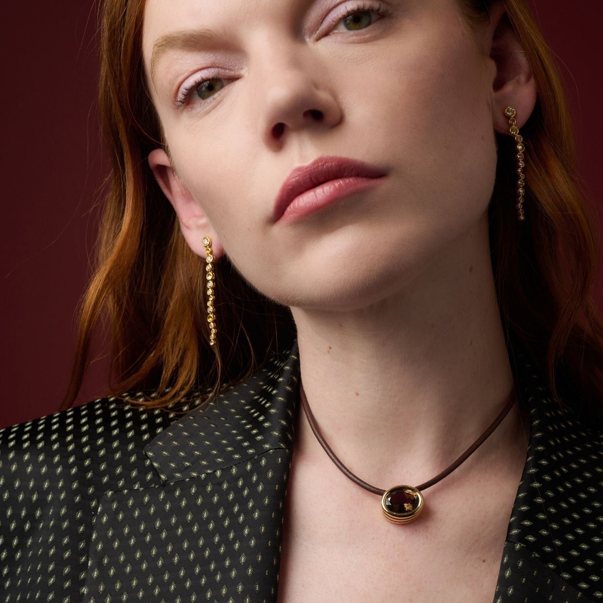 Smoky Quartz Scuba Choker in Brown Leather and Yellow Gold