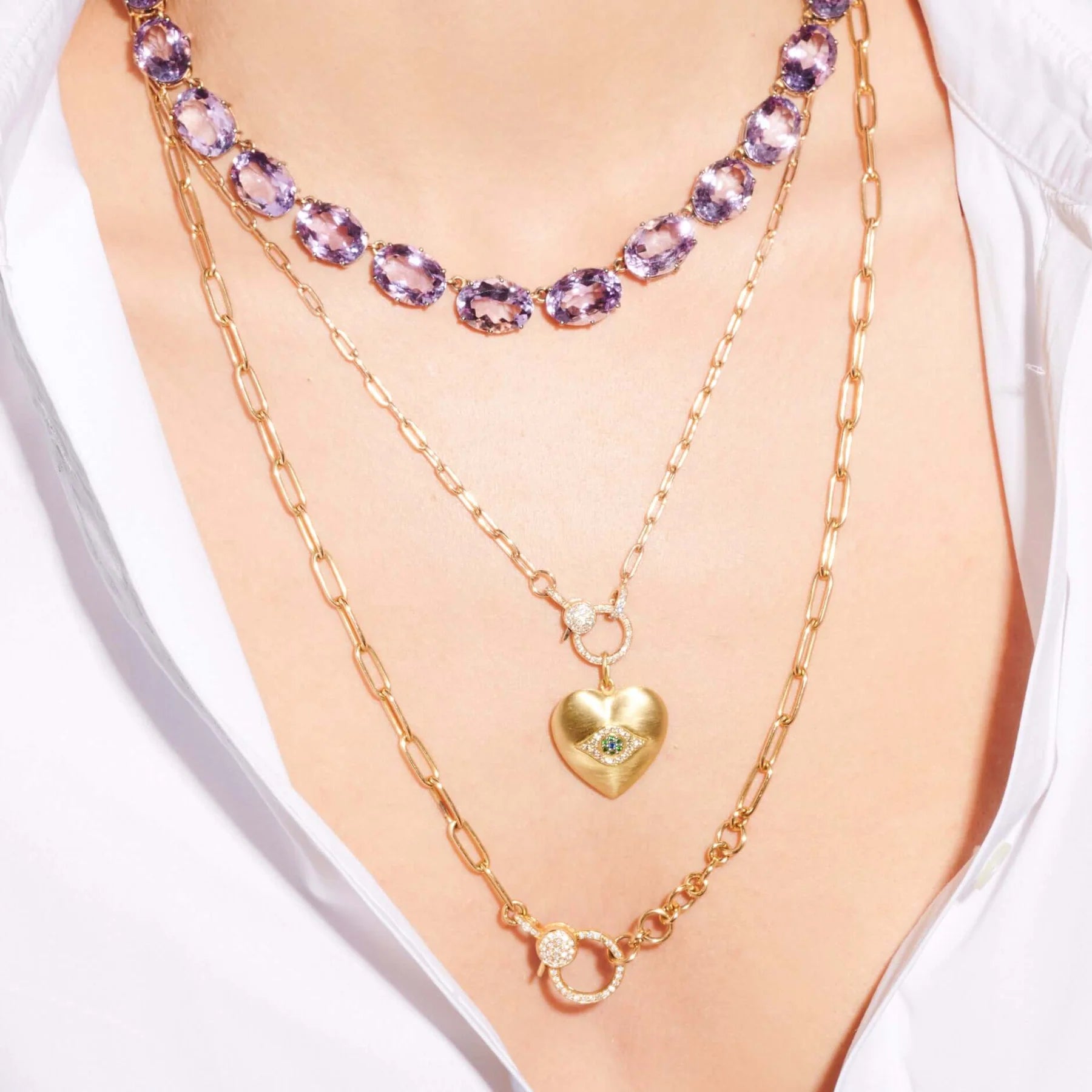 Yellow Gold Elongated Link Chain with Small Pave Diamond Lock