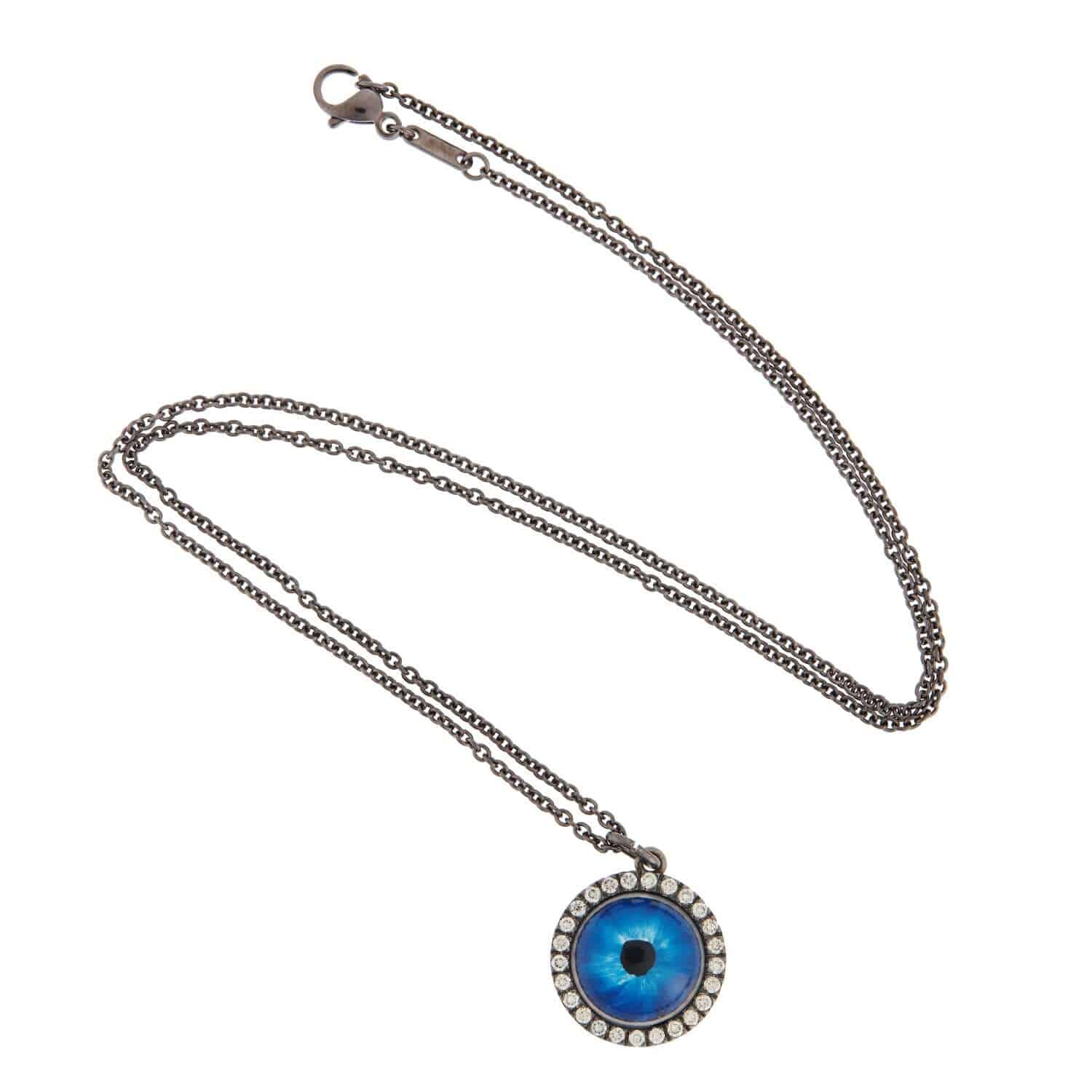 Champagne Diamond Deep Blue Eye Necklace in Blackened White Gold
