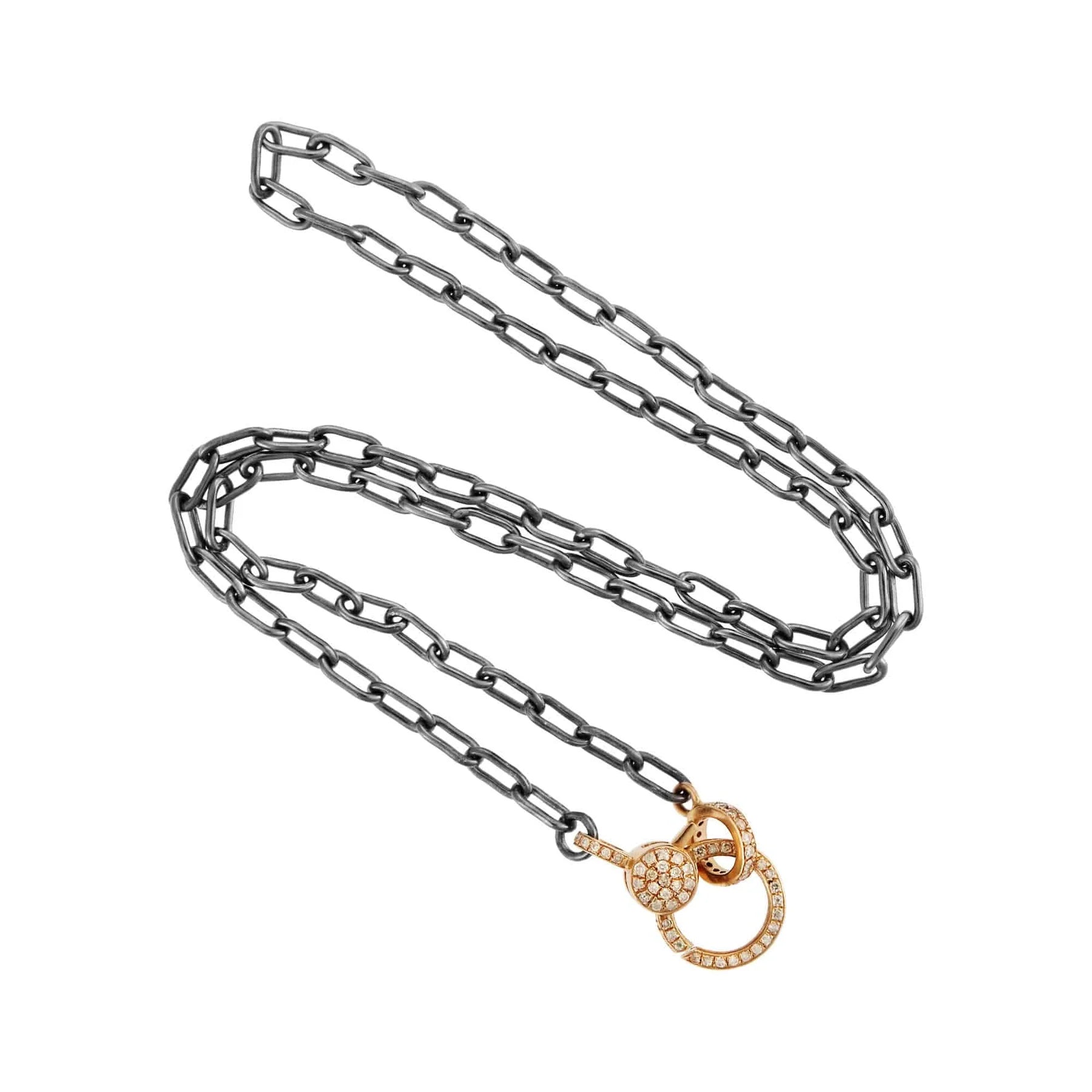Oxidized Silver Chain with Small Pavé Diamond Lock in Yellow Gold