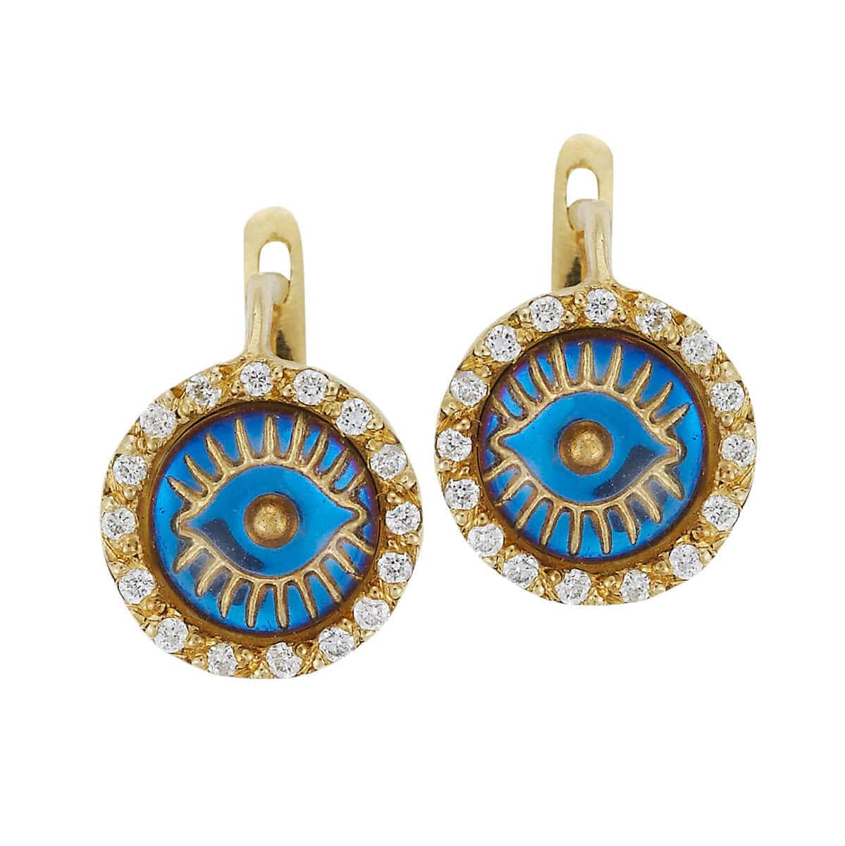 Iridescent Glass Eye Earrings in Yellow Gold
