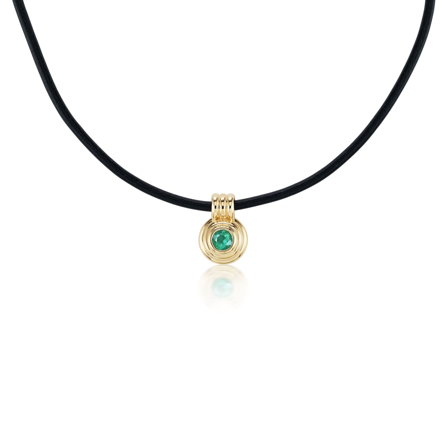 Round Cut Emerald Ripple Choker in Black Leather and Yellow Gold