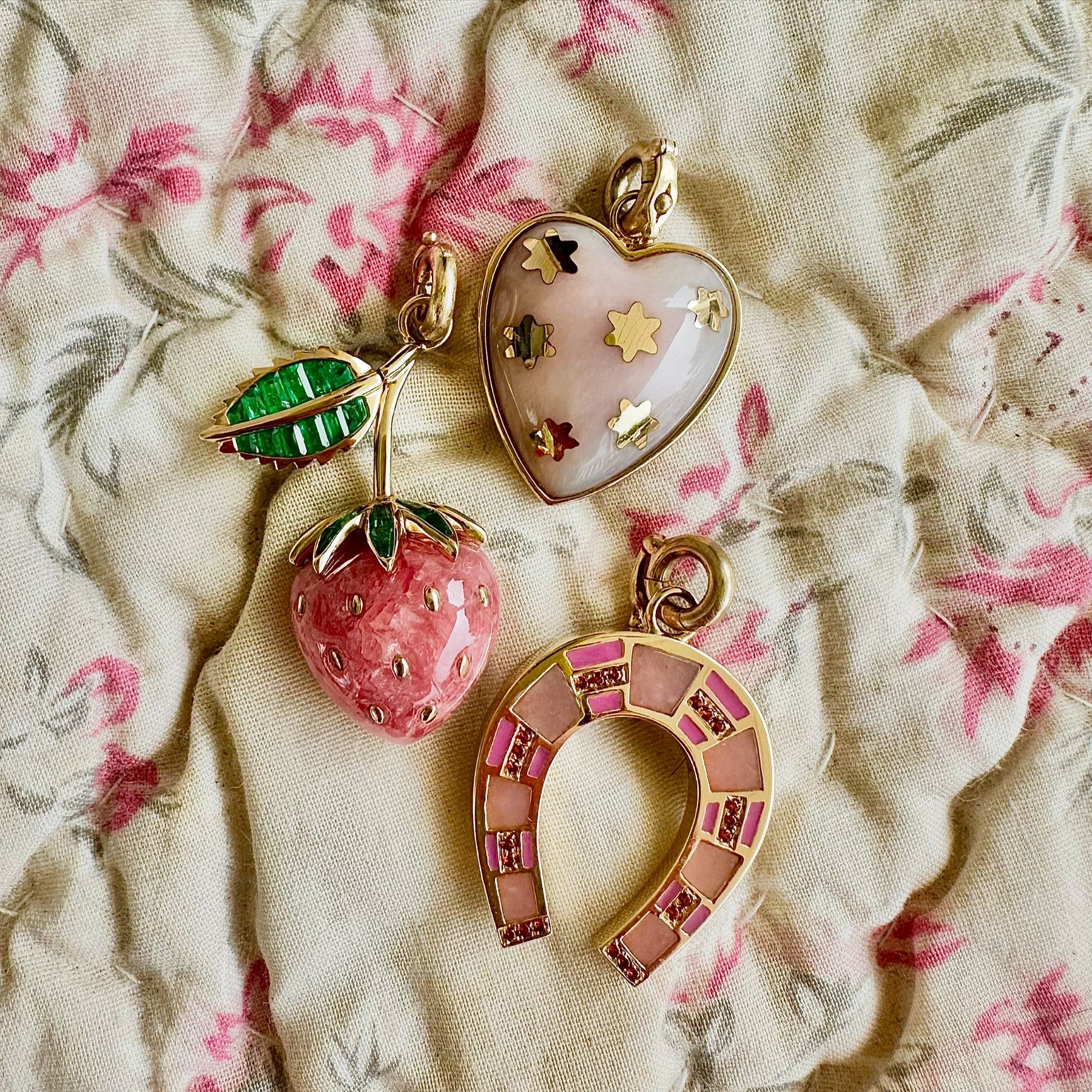 Pink Opal and Enamel Hallie Horseshoe Charm in Yellow Gold