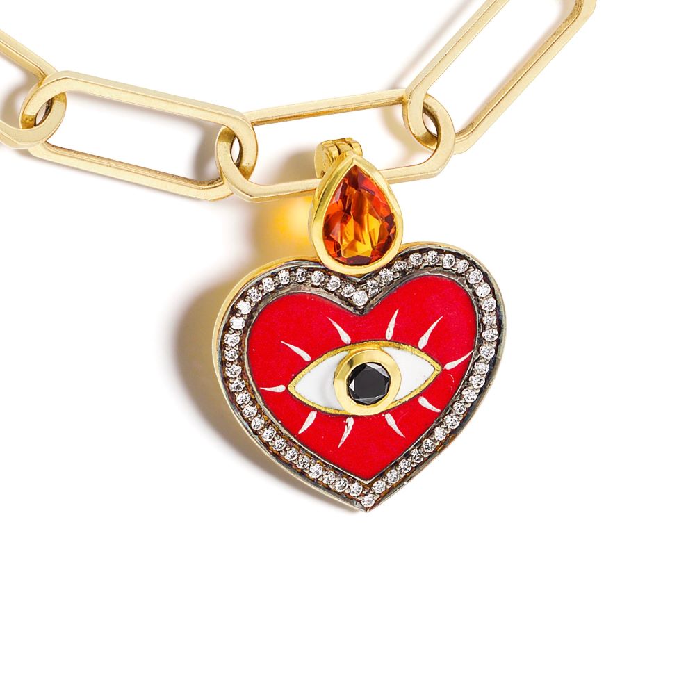 Citrine Diamond Evil Eye Heart Charm