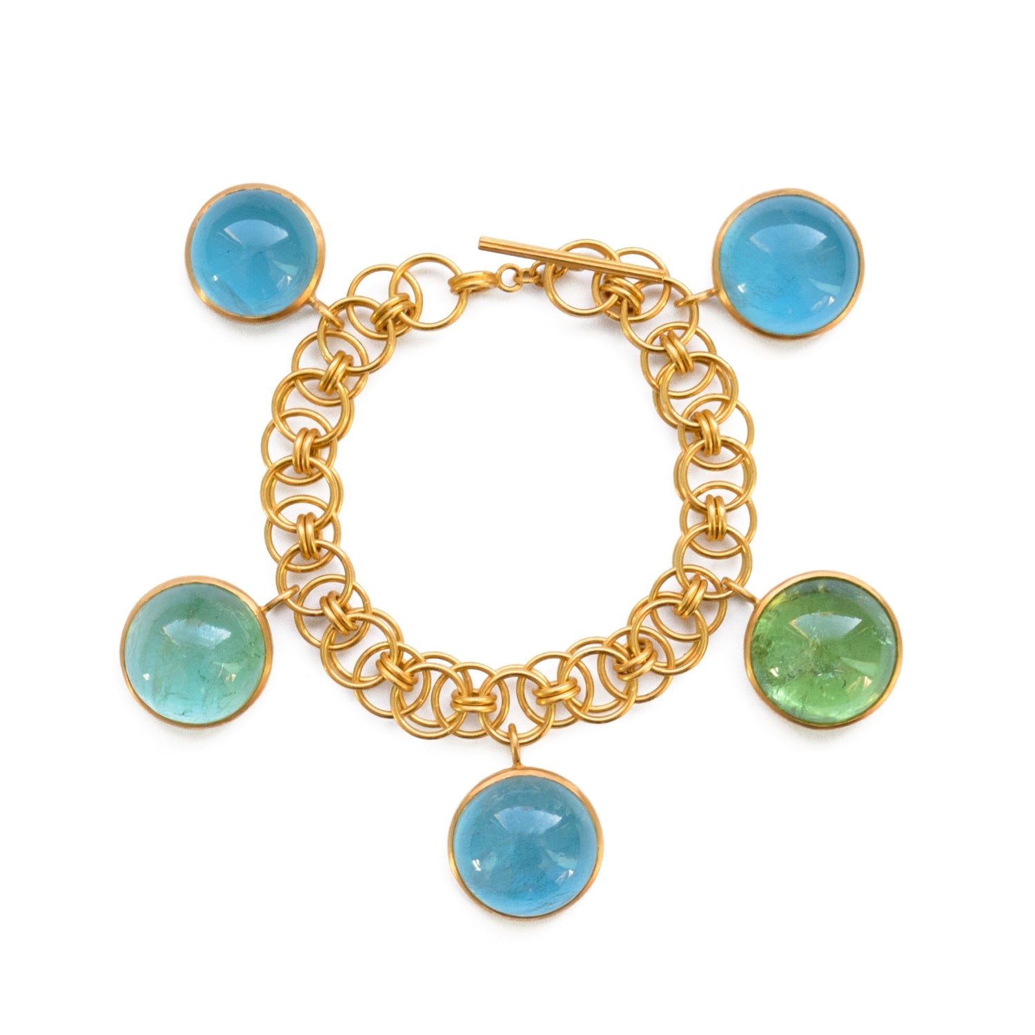 Aquamarine and Tourmaline Cabochan Charm Bracelet