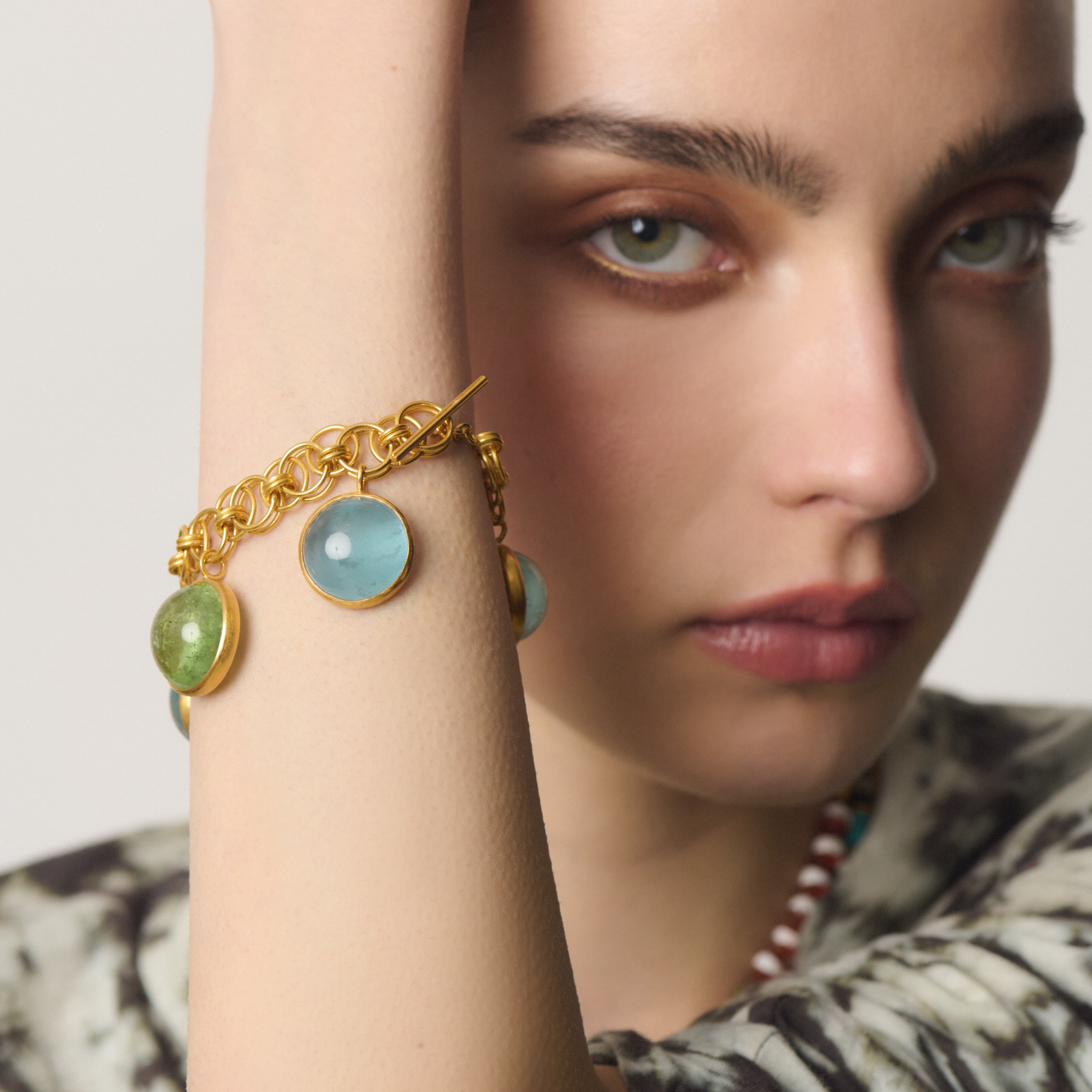 Aquamarine and Tourmaline Cabochan Charm Bracelet