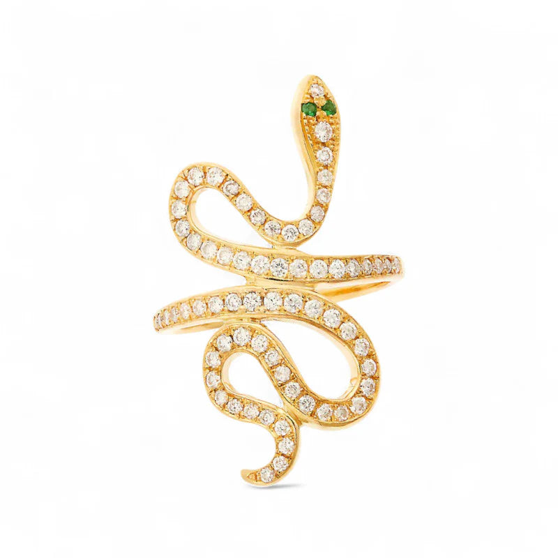 White Diamond Slither Snake Ring in Yellow Gold