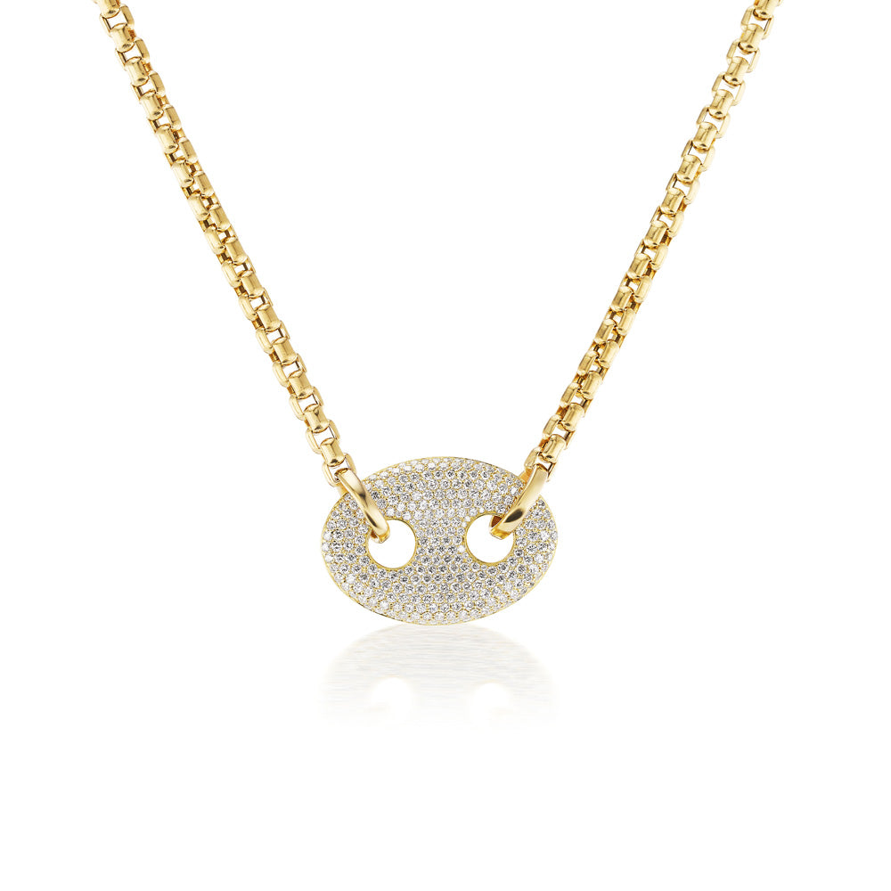 A Diamond Pavè Nautical Link Necklace with white diamonds on a gold chain by Jenna Blake.