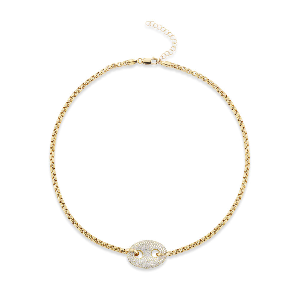 An adjustable diamond pavè nautical link necklace with an oval charm by Jenna Blake.