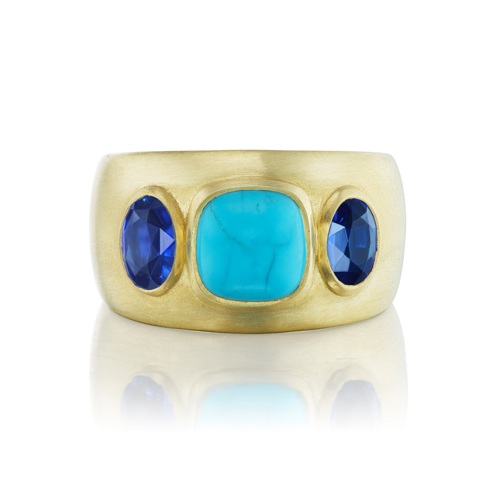 Three Stone Ring Turquoise and Blue Sapphire