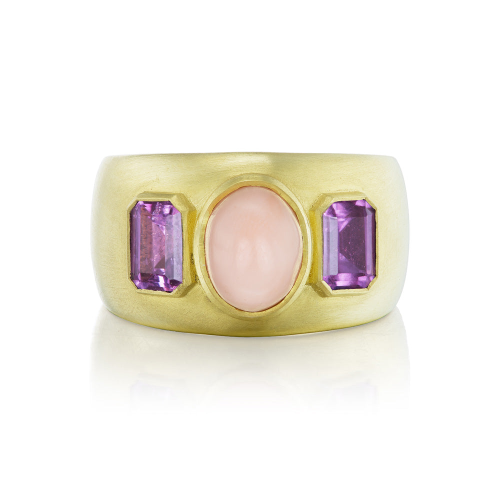 Three Stone Ring Coral and Pink Sapphire