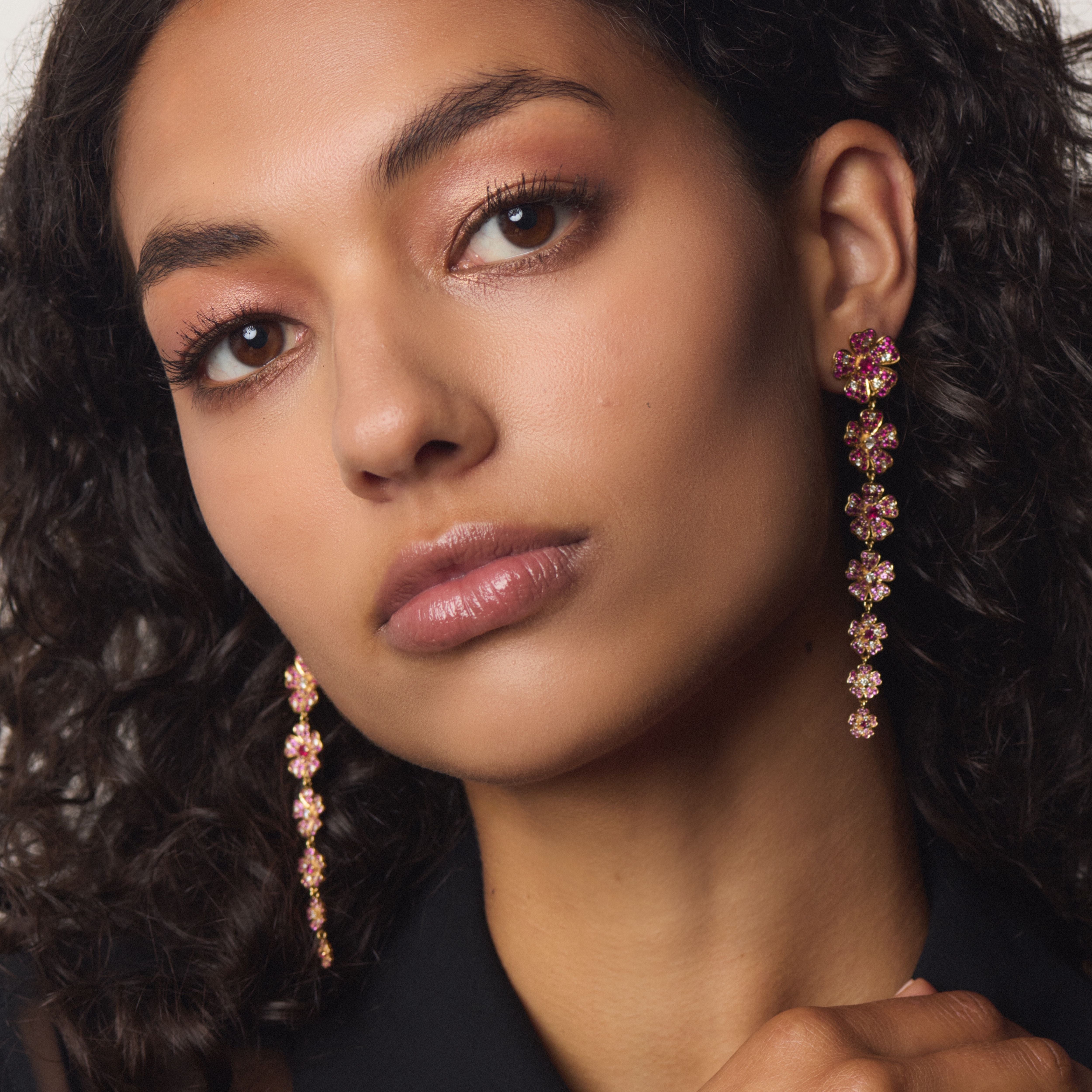 Pink Flower Bud Earrings with Rubies and Diamonds in Yellow Gold