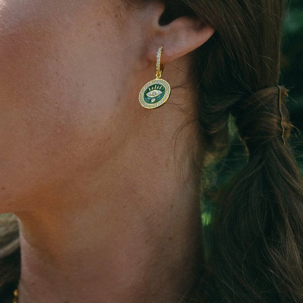Kelly Green Enamel Evil Earrings with Diamonds