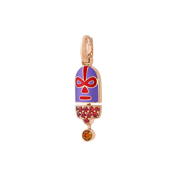 The Destroyer Sees Purple Luchadores Pendant with Orange Sapphires in Yellow Gold