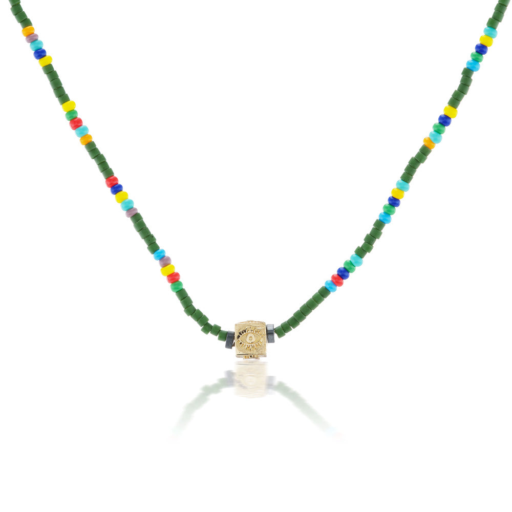 A Luis Morais Multi-color Beaded Cube Necklace with a 14k yellow gold plated bead.