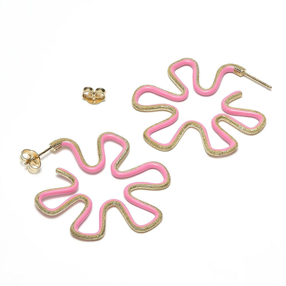 Colorful enamel and Bea Bongiasca Brushed Diamond Flower yellow gold hoop earrings.