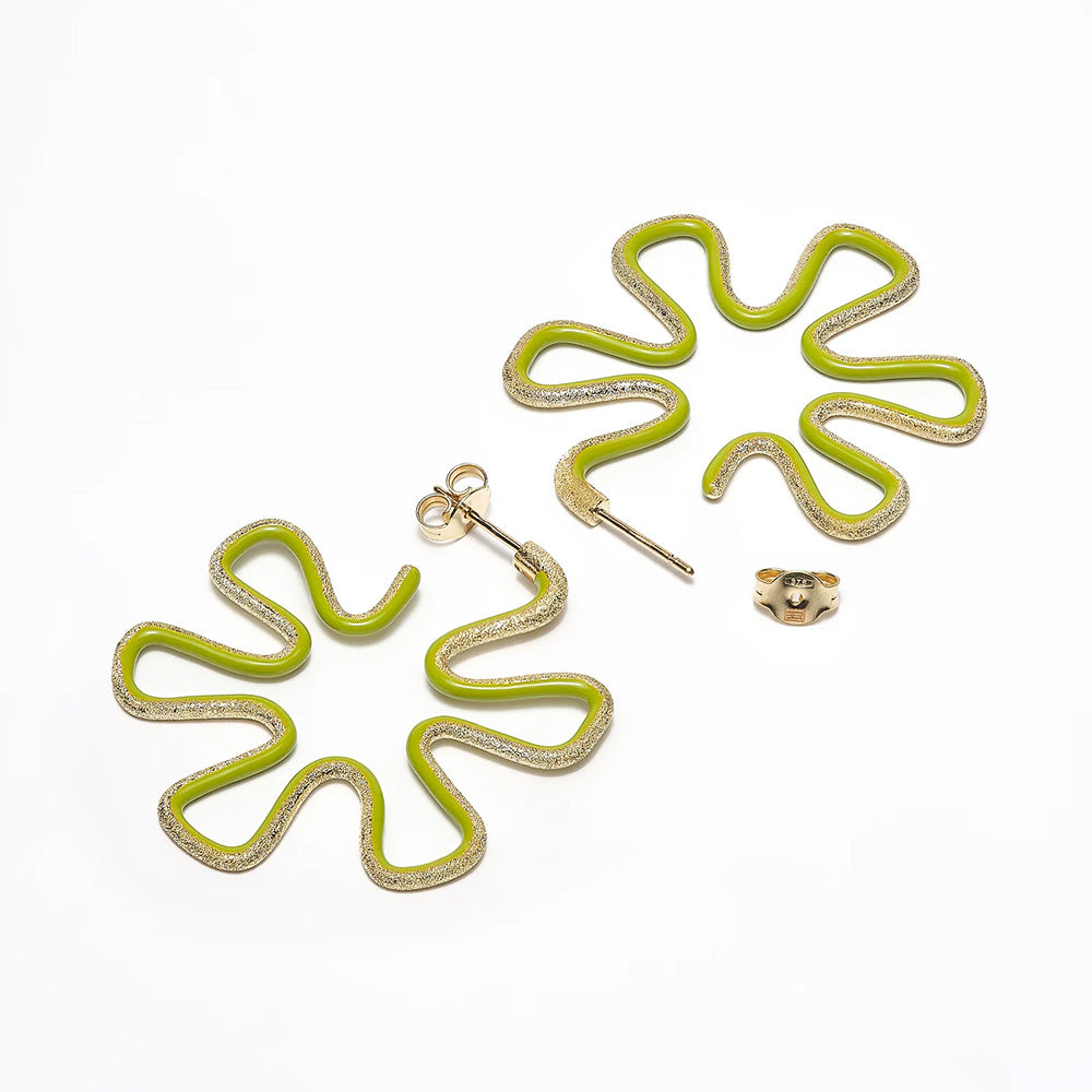 A pair of Bea Bongiasca Brushed Diamond Flower Hoop Earrings with colorful enamel.